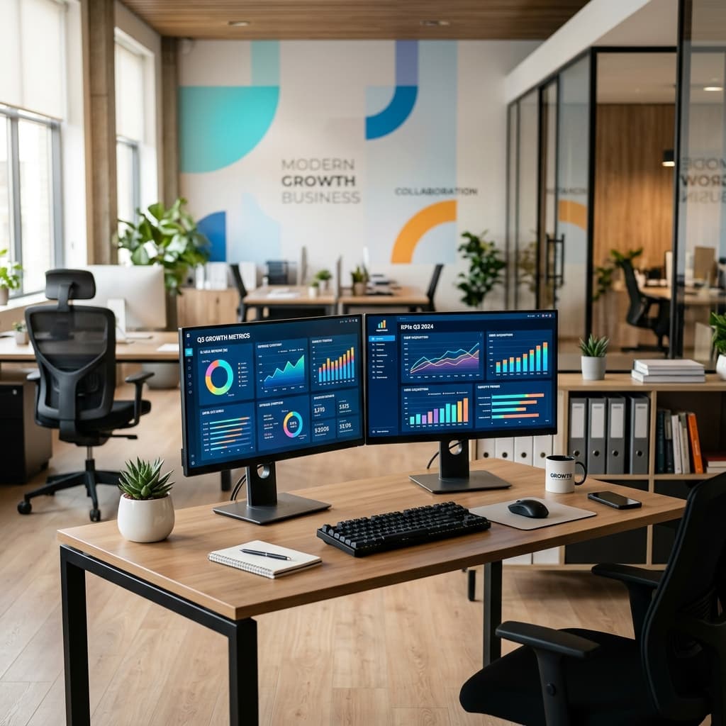 Espacio de trabajo de planta abierta limpio y organizado para una empresa en crecimiento con una configuración de monitor dual que muestra paneles de análisis
