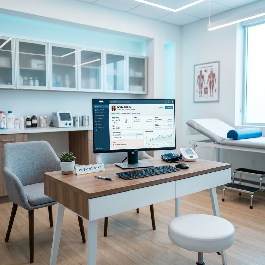 Monitor de computadora que muestra el software de registros médicos electrónicos dentro de la sala de examen de un consultorio médico moderno y limpio
