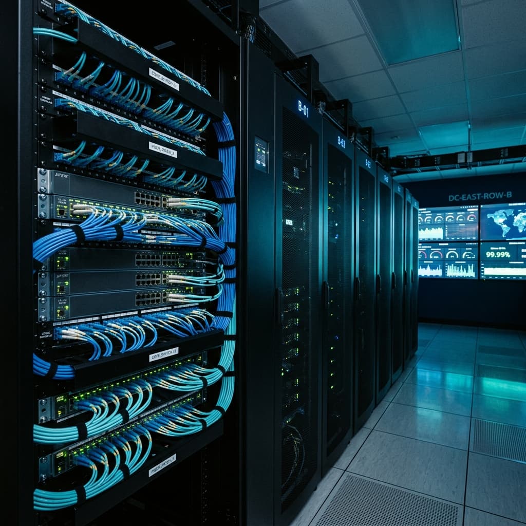 Clean and organized enterprise server room and network rack with status monitoring screens