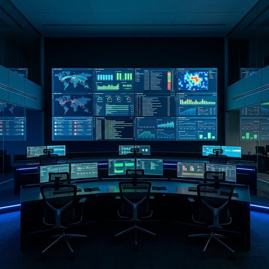 Cybersecurity monitoring operations center showing system dashboards, network uptime charts, and threat alert diagnostics