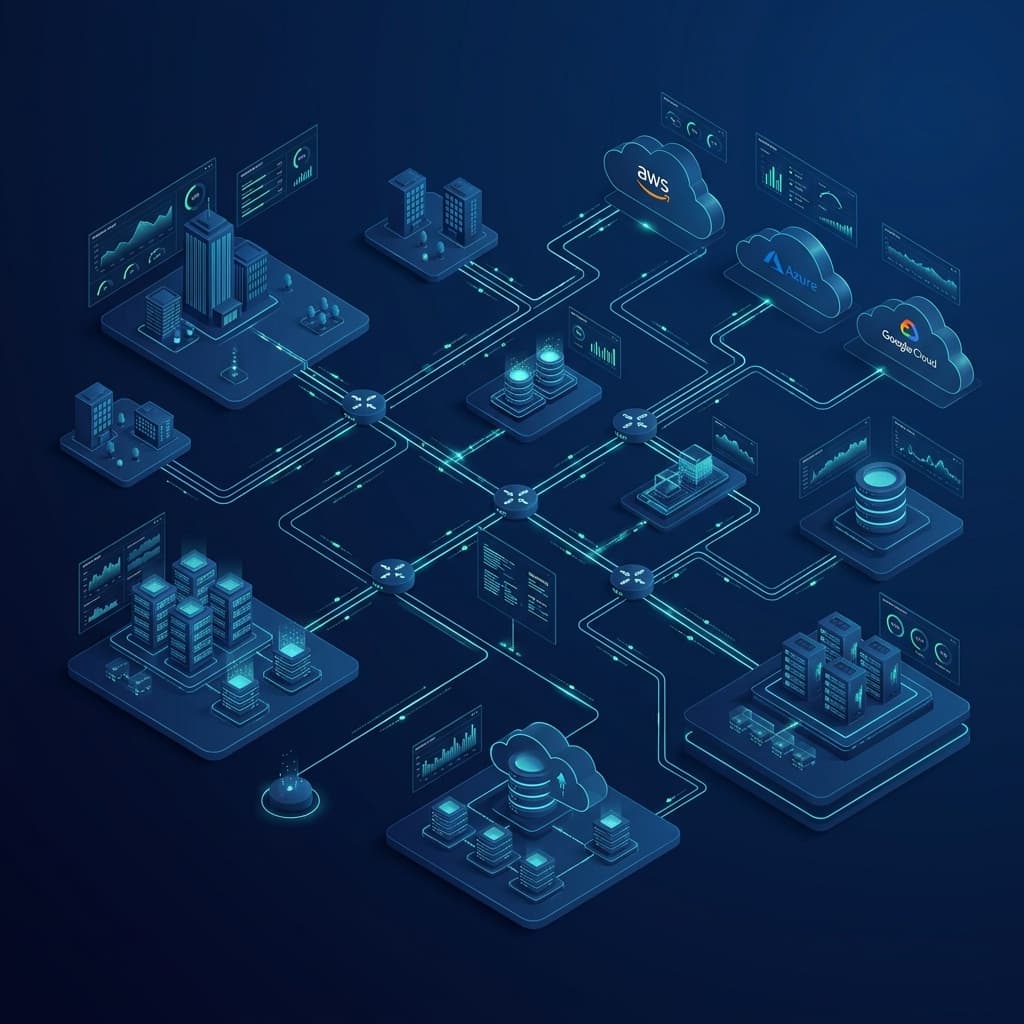 Modern enterprise technology visualization showing abstract glowing network topology, cybersecurity data paths, and cloud connectivity
